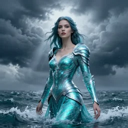 mage female made of storm clouds, rising up from ocean, water armor, high detail, high contrast, close up portrait, studio lighting, stormy seas, beautiful, bokeh, snowy, storm clouds, god rays, d & d, fantasy, elegant, aquamarine color palette, concept art, annie leibovitz, roger deakins and greg rutkowski and alphonse mucha