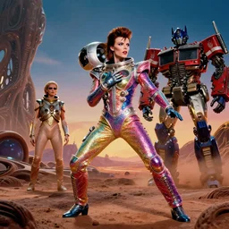 milla jovovich and david bowie wearing a rocknroll glitzy glamour spacesuit, psychedelic, surreal, beautiful, heroic action pose, a friendly android, stunning alien landscape, cinematic, dramatic studio lighting, wide shot, in the style of kubrick, ridley scott, jodorowsky, dune, star wars, transformers, octane render 8 k