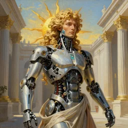 beautiful painting of the sun god Apollo as a cyborg with long curly blond hair, full borg cybernetics, in the imperial palace at golden hour, by Peter Paul Rubens and Hajime Sorayama