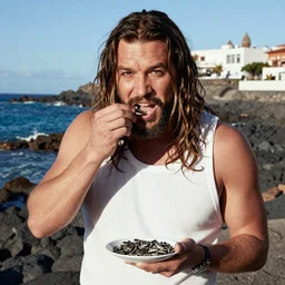 Jason Momoa eating sunflower seeds in Candelaria in Tenerife