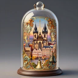 a bell jar containing a city resembling prague, paris, and venice at dusk, intricate, elegant, highly detailed, digital painting, artstation, concept art, smooth, sharp focus, colored illustration for tattoo, art by krenz cushart and artem demura and alphonse mucha,