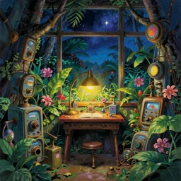 Small desk at night with desklamp inside a steampunk machine room with lush vegetation growing around the machines, tropical trees, large leaves, flowers, beautiful starry night sky through the windows, beatifully lit, colorful, vivid colors, very detailed painting, hyperrealism, magical, vintage science fiction illustration, Studio Ghibli, Rebecca Guay