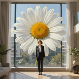huge daisy flower head, woman in suit, standing in modern window in luxury apartment, surreal photography, sunlight, impressionist painting, digital painting, artstation, simon stalenhag