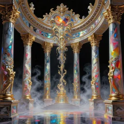 baroque neoclassicist sci - fi colorful chrome marble halls of creation. iridescent textures. glowing fog, black background. highly detailed fantasy science fiction painting by moebius, norman rockwell, frank frazetta, and syd mead. rich colors, high contrast, artstation
