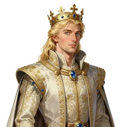 A handsome King of the Fae with blond hair wearing an exquisite suit and a crown, color illustration by Arthur Rackham