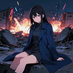 advanced digital art of an anime girl wearing a long dark blue coat sitting on the floor in a ruined landscape at night, explosions in the background, neon lighting, in the style of Ross Tran, — h 1080 —w 1920