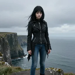 1 7 - year - old pale - skinned persian girl with black long bob cut, long hair, black gothic jacket, blue jeans, psychic girl, psychokinetic girl, standing on cliff along the irish coast, overcast gray skies, ultra - realistic, sharp details, subsurface scattering, intricate details, cold lighting, highly detailed, photorealistic, octane render, 8 k unreal engine