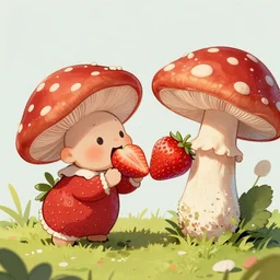 A strawberry eating a mushroom, while that mushroom is eating that strawberry, digital art, beautiful, detailed, trending on artstation