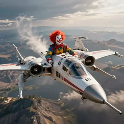 A Clown piloting an X-Wing Starfighter, ultra realistic, cinematic