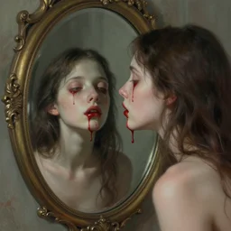 dreaming of a faceless girl bleeding into a mirror, intricate, art by greg rutkowski, high detailed, 4 k,