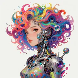 a digital painting of a woman with colorful hair made of curly and splashing liquid and bubbles, intricate mechanical details, futuristic, a pop art painting by tomokazu matsuyama, behance contest winner, psychedelic art, psychedelic, 2 d, digital illustration, trending on artstation, anime stylized, accurate fictional proportions, high delicate defined details, ethereal lighting