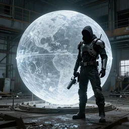 a stalker in an exoskeleton with a detector in his hand from the game s.t.a.l.k.e.r stands next to a large translucent luminous sphere in an abandoned factory, realistic art