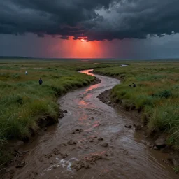 muddy river leads to sea by hiroshi yoshida, marc simonetti, roger deakins, turner, rothko, hyperrealism, cinematic, grassland, dramatic storm sunset, neon lights by dan flavin, matte painting, fluid simulation, tonalism, volumetric light, trending on artstation, cgsociety, high detail concept art, top view, rendered in octane