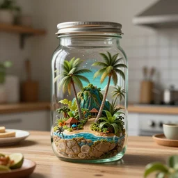 a tropical island inside a glass jar!! standing on a kitchen table, with a metal lid, intricate, highly detailed, volumentric lighting, hyperrealistic, octane render 8 k, specular highlights, subsurface scattering, artstation, cgsociety, inspired by famous artists