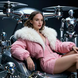beautiful fantasy character portrait, natalie portman, wearing pink puffy bomber jacket with white fur, seductive reclining pose, futuristic chrome drones, ultra realistic, dramatic lighting, robots, total recall artifacts, highly detailed by peter mohrbacher, hajime sorayama, wayne barlowe, boris vallejo, aaron horkey, gaston bussiere, craig mullins