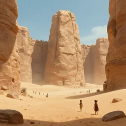 the lost fairies of wonderland in an ancient desert looms over the small people who dwell outside of it's shaded walls. an image of the future ever receding from the clutches of greed. vivid neon art deco romanticism landscape, epic grimdark fantasy composition. harsh linework. by dan mumford, by thomas cole