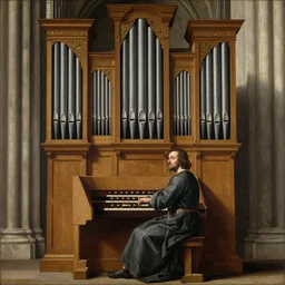 highly detailed painting of a man sitting infront of a pipe organ inside of a cathedral, 4 k resolution, by jaquis luis david, visible paint layers, renaissance.