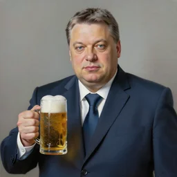 viktor orban with a beer, anatomically correct, oil painting, hyper realistic, 8 k highly detailed