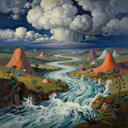 Psychedelic sci-fi dreamworld. Landscape painting. Organic. Winding rushing water. Waves. Clouds. Wayne Thiebaud. Paul Klee.