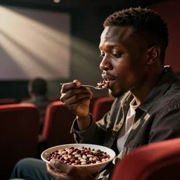 an african american eating beans in a cinema
