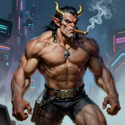 A muscular demon smoking a cigar in a cyberpunk setting, by Frank Frazetta, 1980s color palette, Trending on Artstation, highly detailed,