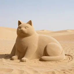 sand sculpture of a cat, desert landscape