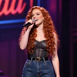 a beautiful girl with long curly red hair on a singing on broadway stage
