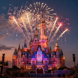 concept art of disneyland castle, synthwave, sunset, fireworks, neon