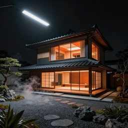 real estate photo of the exterior of a futuristic japanese house with traditional japanese garden, dramatic lighting, smoke, ceiling fluorescent lighting, black and orange colour palette, wide angle shot