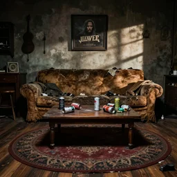 a dingy den, old torn couch, coffee table, beer cans and garbage on table, wood floor, large circular rug, stoner artifacts, square on composition