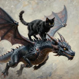 “ a black cat flying on the back of a dragon from game of thrones, very detailed, oil painting, award winning ”