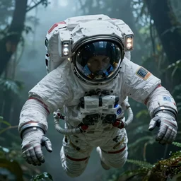 portrait close - up shot, of space astronaut flying in amazon jungle, fog and gloomy blue lights, highly detailed science fiction illustration by jeremy geddes. photorealistic, octane render, hyper detailed, 8 k, movie still, artstation, unreal engine,