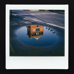 polaroid of a beautiful gasoline puddle, reflection, pareidolia, cinematographic