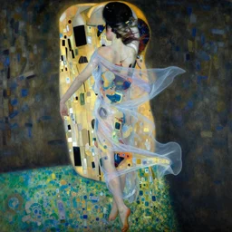 painting of a beautiful woman with her translucent dress blowing in the wind while she dances in the ocean, wide hips, view from behind, highly detailed, by klimt, background by nicolas delort, surreal, dramatic lighting