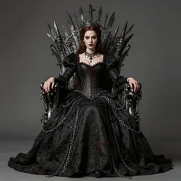 an elegant beautiful gothic princess, very tight corset, chains, iron throne, full body, style of ilya kuvshinov and greg rutkowski, masterpiece, very high quality, intricate, high resolution