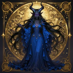 a full body shoot of a black necromancer tiefling with jeweled horns, violet eyes, black long hairs, blue dress, dreamy and ethereal, golden ratio, peaceful expression, ornate frilly dress, intricate, elegant, dark fantasy, highly detailed, digital painting, artstation, concept art, smooth, b sharp focus, illustration, art by artgerm and greg rutkowski and alphonse mucha