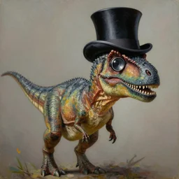 a oil painting of a velociraptor wearing a top hat and monocle, highly detailed, high quality, coherent