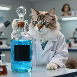 a beautiful long hair cat dressed as a scientist intrigued by a slick modern bottle filled with magic blue iridescent liquid, there is a big black square on the bottle, art highly detailed, by frank frazetta, keith parkinson and greg rutkowski and aleksandra skiba and salvador dali, concept art,