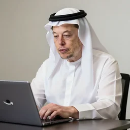 elon musk dressed as sherif while hes on his laptop on amazon website with a dog, 8K, hyperrealistic, cinematic lighting
