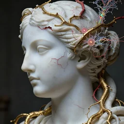 photorealistic white marble greek goddess face profile sculpture entwined by golden roots and crimson vines, flesh shows at parts under the broken marble, red kintsugi, symbolist, visionary, entwined with iridiscent fractal lace, alien botanicals, cinematic composition, cinematic lighting,
