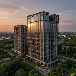 brutalist architecture, abandoned, empty streetscapes surrounded by lush green vegetation, aerial view, stunning volumetric lighting, sunset, rusted steel, solid concrete, glass, stunning skies, trending on Artstation, 8k, photorealistic, hyper detailed, unreal engine 5, IMAX quality, cinematic, epic lighting, in the style of the game DOOM, by Greg Rutkowski