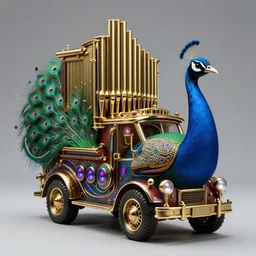 steampunk peacock concept truck modeled to look like a peacock with a tall brass pipe organ on the back with blue, green and purple accents and lights, hyper realism, studio lighting