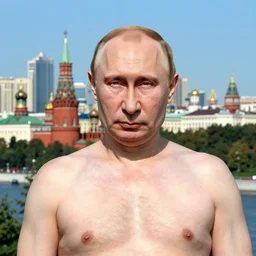 a portrait of Vladimir Putin shirtless , Moscow skyline in background, rich vivid vibrant colors, ambient lighting, dynamic lighting, lens flare, detailed, 4K, HQ, official media, trending on artstation