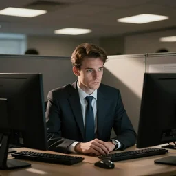 “realistic businessman in office cubicle staring blankly at computer screen”