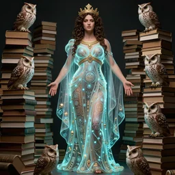 ornella muti as the goddess minerva surrounded by stacks of books, owls, bioluminescent gown with deep level of detail of esoteric symbols, urban motifs, intricate, elegant, highly detailed, 8 k resolution, hyperdetailed photorealism, extremely life like