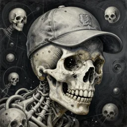 extravagant and complex painting with almost quantum details of a hybrid of a zombie skull with a cap, riding a skateboard at full speed and you can see the mandiba, psychedelic mad surreal new psy horror art