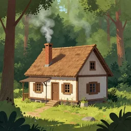 a detailed illustration idyllic the house with smoke coming out of the chimney in the forest scene by Justin Gerard, trending on artstation, cgsociety, deviantart