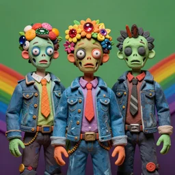 portrait of a zombie punks as the three fates, jeans jackets, head made of fruit gems and flowers in the style of arcimboldo, basil wolverton, kenny scharf, action figure, clay sculpture, claymation, green and neon lighting, rainbow stripe background