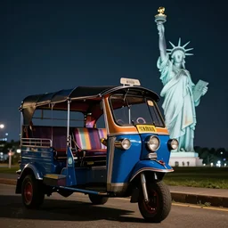 a lonely blue tuk tuk with the statue of liberty in the background, night