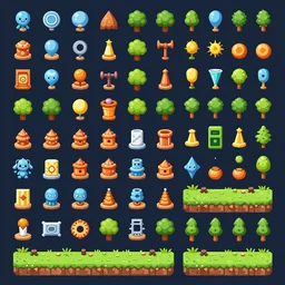 A game assets spritesheet by dofus by jet set radio .  HD vector Containing modular props,  terrain, trees, 2d side view, platform, vector art, very detailed
